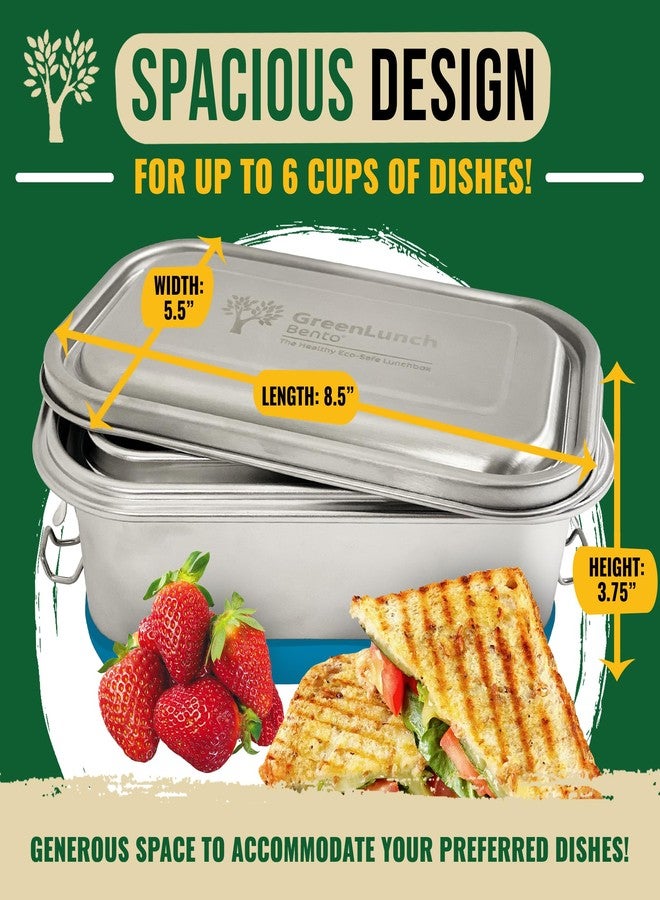 GreenLunch Bento علبة طعام بينتو من الفولاذ المقاوم للصدأ من جرين لانش، خالية من مادة BPA، مزودة بأكياس للوجبات الخفيفة، مقاومة للكسر، مناسبة للبالغين والأطفال، مزودة بأقفال محكمة الإغلاق - مثالية للمدرسة والمكتب - أزرق - Image 3